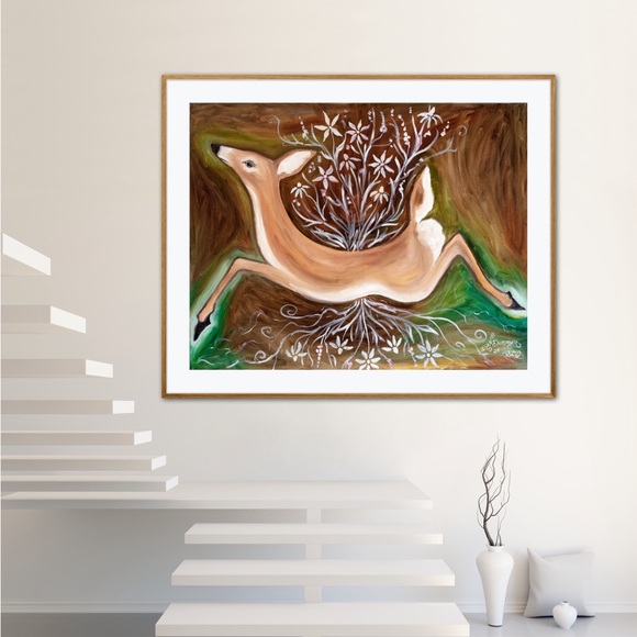 Graceful Doe Art Print Oil Painting whimsical minimalist natural nature flowers - Picture 4 of 6